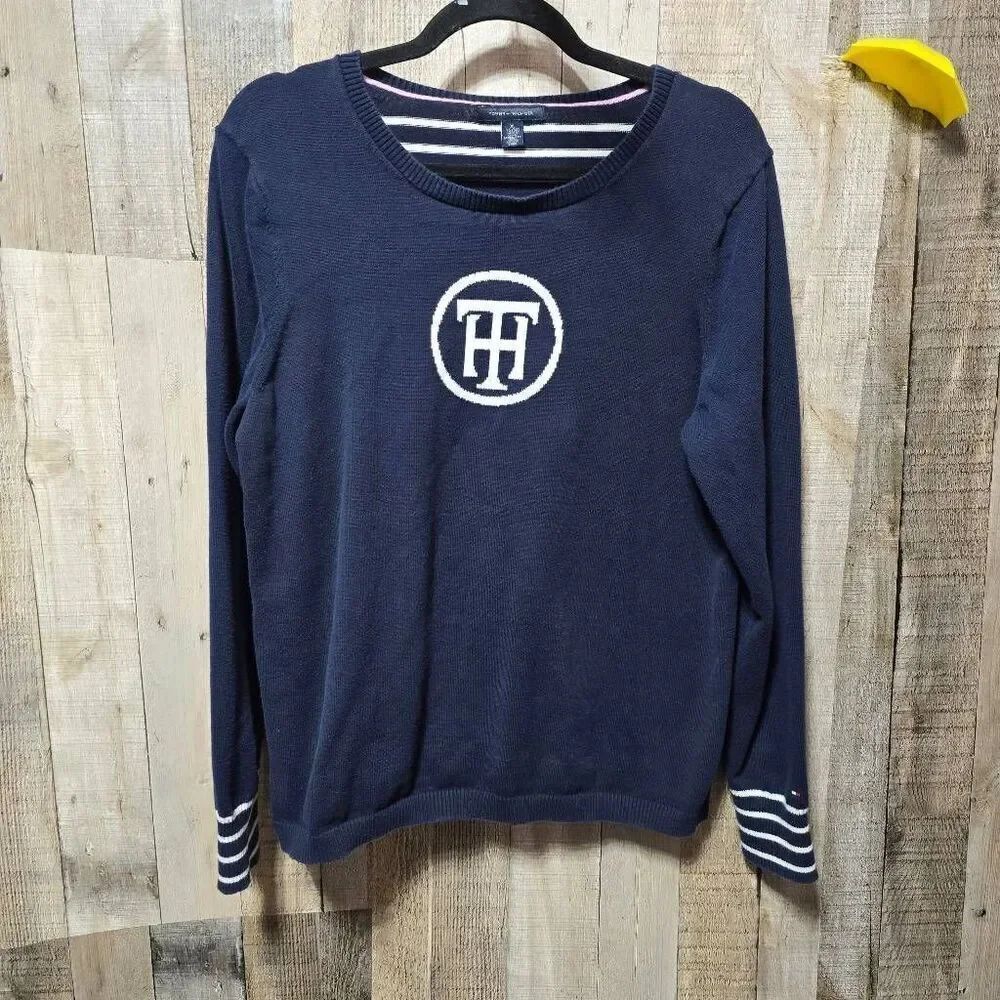 Tommy Hilfiger Navy White Stripe Logo Knit Sweater XL 2011 Preppy Minimalist